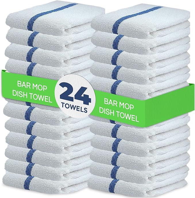 Towels N More 24 Pack 16x19 Bar Mop Towels High Absorbent Cotton Reusable Kitchen Towels - Quick Drying Towels for Chef, Cook, Home, Restaurant, Bar Glass Cleaning Towels (24, Blue Stripe) - NeatNest