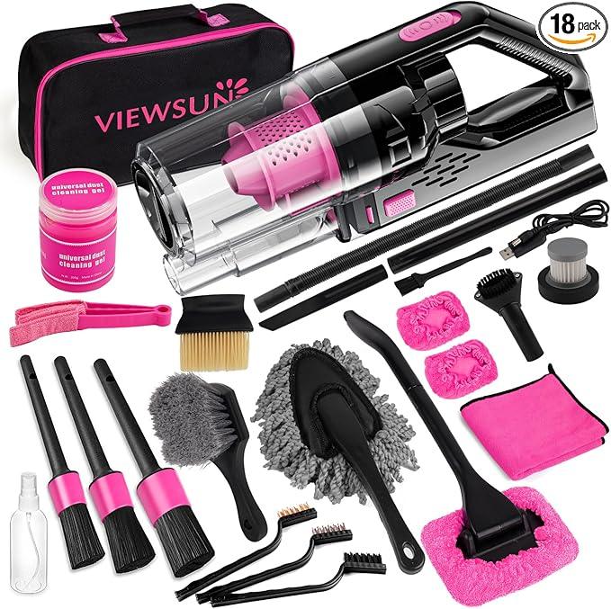 Viewsun Car Vacuum Cordless Rechargeable, 8000PA High Power Handheld Vacuum Cleaner with 17PCS Car Cleaning Kit, Pink Auto Accessories for Women Gift - NeatNest