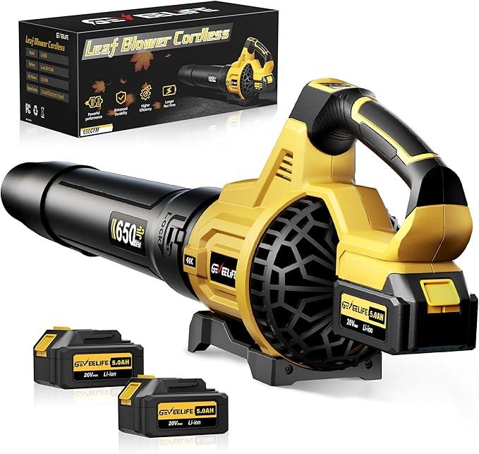 GEVEELIFE Leaf Blower Cordless, 650CFM & 3 Speed Levels, Electric Cordless Leaf Blower with 2 * 5.0Ah Battery Powered, Blowers for Lawn Care, Yard, Blowing Leaves, Dust, Snow - NeatNest
