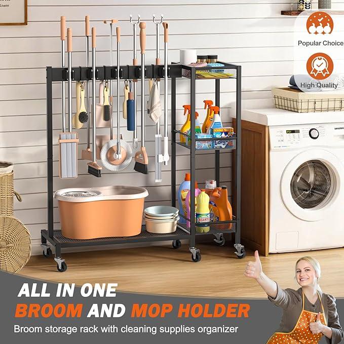 Broom Holder with Cleaning Supplies Organizer, Broom Closet Storage Cabinet with Cleaning Caddy, Cleaning Cart with Mop Hanger Gripper Rack Hooks,Janitorial Housekeeping cart,Laundry Room Organization - NeatNest