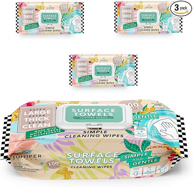 3 Packs Surface Cleaning Wipes Bleach Free, Thick & Large Dispose, All-Purpose Cleaner for Bathroom, Kitchen, Office, 300 Count Soft Flow, Biodegradable, Juniper Scent - NeatNest