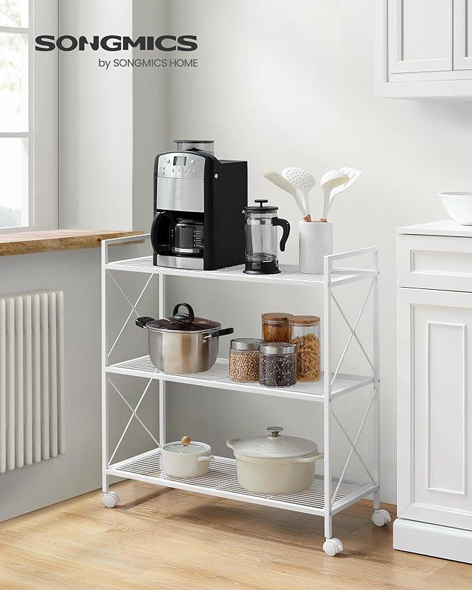 SONGMICS 3-Tier Metal Storage Rack with Wheels, Mesh Shelving Unit with X Side Frames, 31.5-Inch Width, for Entryway, Kitchen, Living Room, Bathroom, Industrial Style, White UBSC183W01 - NeatNest