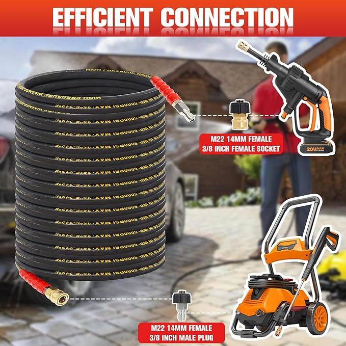 100FT Pressure Washer Hose 3/8''- 5000 PSI High Tensile Wire Braided Kink Resistant Power Washer Hoses Extension, Hot & Cold Water Max 140°F with 2 Pcs M22-14mm 3/8" Quick Connect Kits - NeatNest