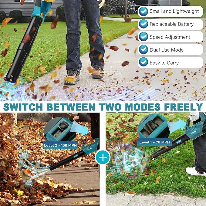2025 Upgrade Leaf Blower,Leaf Blower Cordless with 2 * 2.6AH Batteries and Fast Charger, 450CFM &150MPH and 2 Speed Mode, Lightweight Electric Leaf Blowers for Lawn,Yard, Leaves, Dust,Snow Care (BLUE) - NeatNest