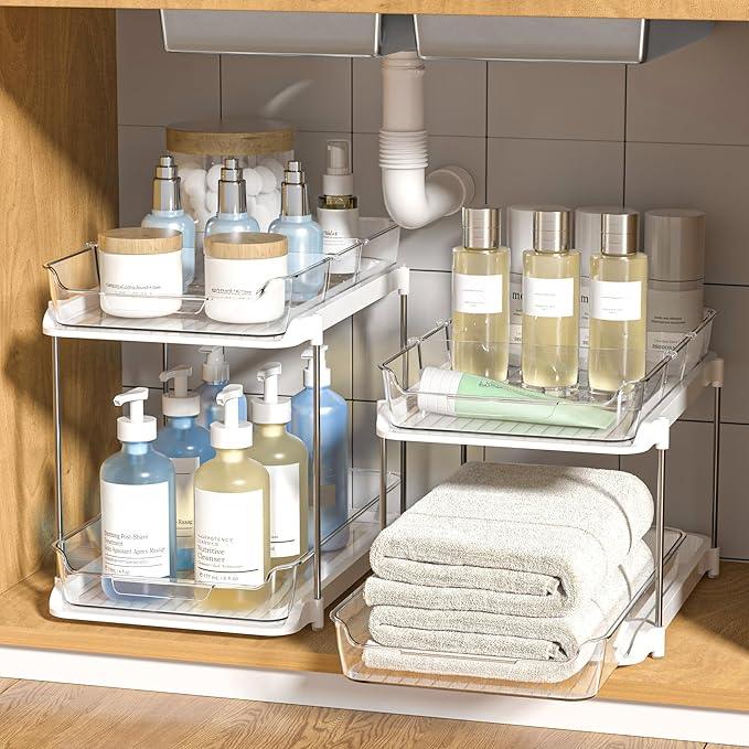 Delamu 2-Tier Multi-Purpose Bathroom Under Sink Organizers and Storage, Stackable Kitchen Pantry Organization, Pull Out Medicine Cabinet Organizer with Movable Dividers, White, 4Pack - NeatNest