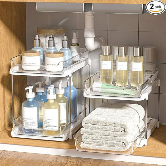 Delamu 2-Tier Multi-Purpose Bathroom Under Sink Organizers and Storage, Stackable Kitchen Pantry Organization, Pull Out Medicine Cabinet Organizer with Movable Dividers, White, 2 Pack - NeatNest