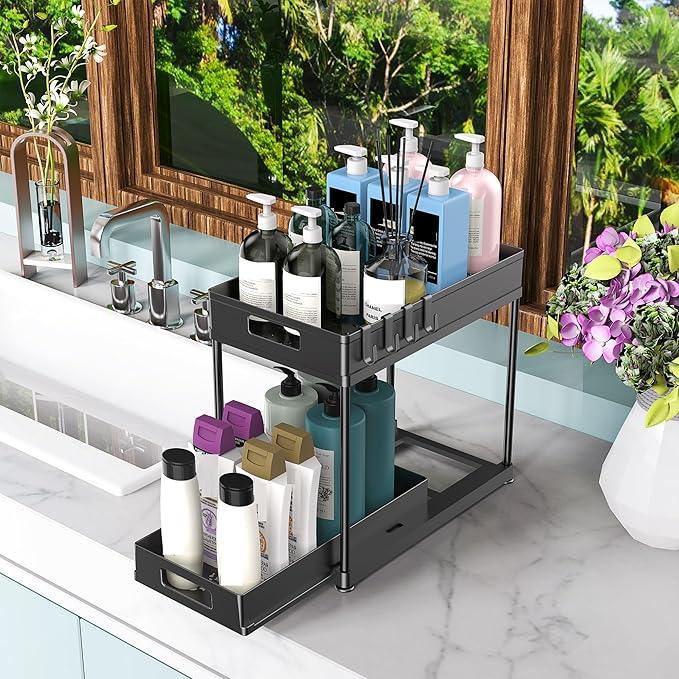 Under Sink Organizers and Storage, 2 Pack Large Capacity Heavy Load Double Pull-out Under Sink Shelves with Sliding Drawer for Kitchen and Bathroom, Black - NeatNest