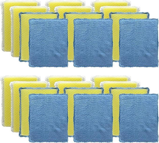 LOLA Microfiber & Nylon Net Sponges, 24 Pack, 12 Dual Sided Non-Scratch Sponge Pads & 12 w/Microfiber Cloth One Side and Nylon Net Other Side - NeatNest