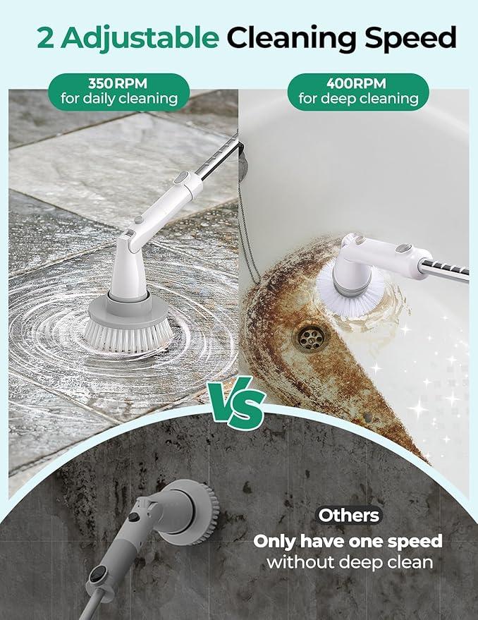 kHelfer Electric Spin Scrubber Kh8, Upgrade Cordless Shower Scrubber 8 Replacement Head, 1.5H Bathroom Scrubber Dual Speed, Shower Cleaning Brush with Extension Arm for Bathtub Tile Floor - NeatNest