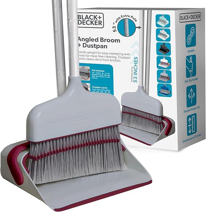 BLACK+DECKER Butler Broom & Dustpan Set - Stand-Up Design - Lightweight, Space-Saving Combo for Kitchen, Living Room, Bathroom, Lobby Floors - Home Cleaning Essential, Light Gray/Burgundy - NeatNest