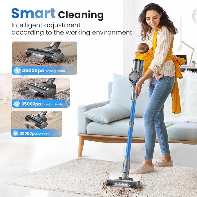 Dzaki S9X Vacuum Cleaners for Home,400W 45KPa Cordless Stick Vacuum Cleaner,Up to 55 Mins Runtime,Smart Induction Auto-Adjustment,Rechargeable Battery Vacuum Cordless for Carpet Floor Pet Hair(Blue) - NeatNest
