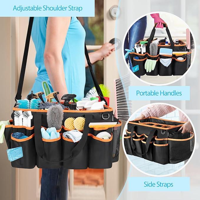 Extra-large Wearable Cleaning Caddy, Organizer Bag for Housekeeper with Pad, Handle & Divider, Car Wash Tools Bag for Detailing Supplies, Orange Edge - NeatNest