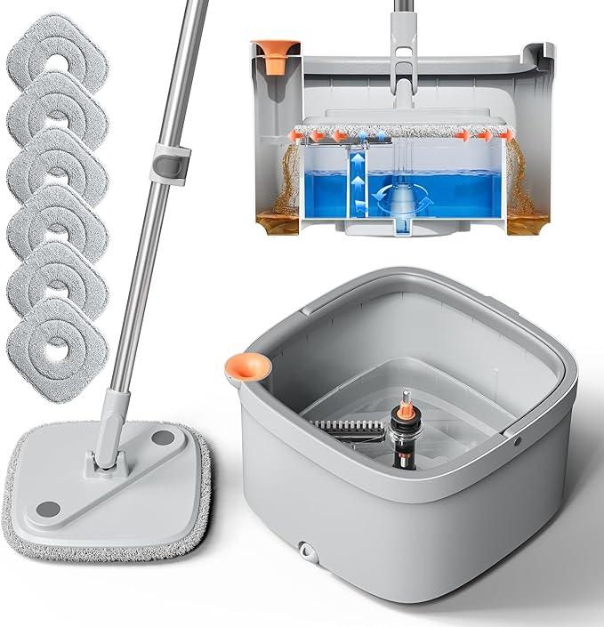 KZKR Spin Mop and Bucket Set with Self Separation Dirty and Clean Water System, Self Wringing 360° Rotating Square Mop Head for Home Floors Cleaning (1.0 Mop and Bucket Set (6 Pads)) - NeatNest