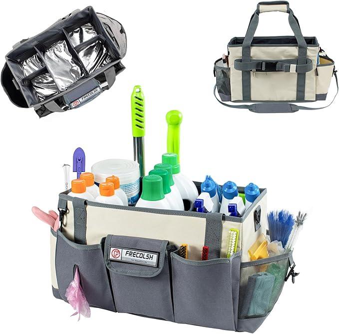 Large Cleaning Caddy for Suppliers Organizer,15'' Professional Organizer with Handle,Wearable Cleaing Bag,Cleaning Storage Caddy,Cleaning Housekeeping,Ivory-Grey - NeatNest