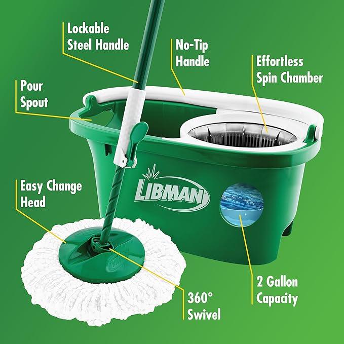 Libman Tornado Spin Mop System and 1 Refill, Mop and Bucket with Wringer Set for Hardwood Floor Cleaning, 2 Total Heads Included - NeatNest