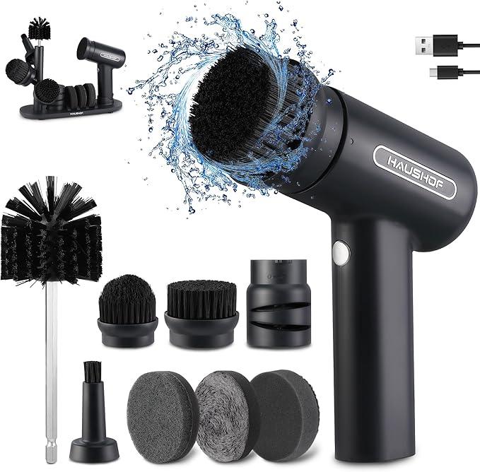 HAUSHOF Electric Spin Scrubber, Cordless Dish Scrubber Brush with 8 Replaceable Heads & 3 Speeds, Power Scrubber Electric Scrubber for Cleaning Kitchen, Sink, Bathroom, Knife Sharpener Included - NeatNest