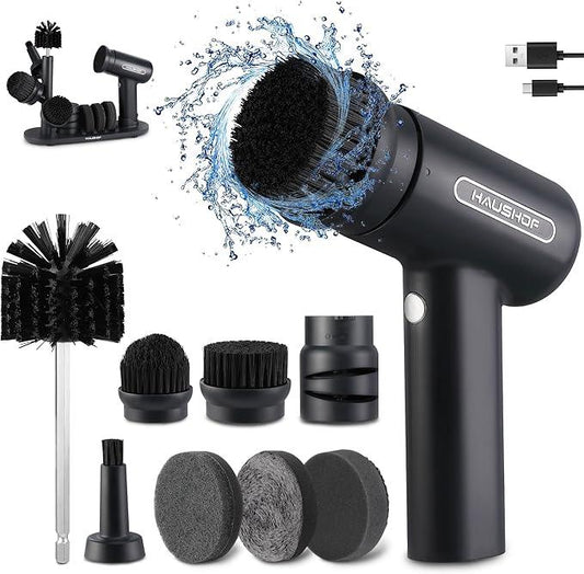 HAUSHOF Electric Spin Scrubber, Cordless Dish Scrubber Brush with 8 Replaceable Heads & 3 Speeds, Power Scrubber Electric Scrubber for Cleaning Kitchen, Sink, Bathroom, Knife Sharpener Included - NeatNest