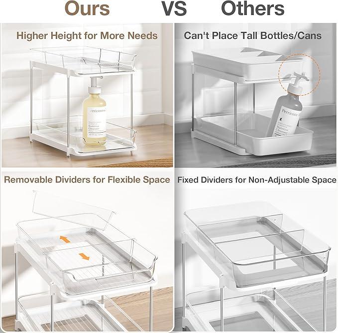 Delamu 2-Tier Multi-Purpose Bathroom Under Sink Organizers and Storage, Stackable Kitchen Pantry Organization, Pull Out Medicine Cabinet Organizer with Movable Dividers, White, 1 Pack - NeatNest