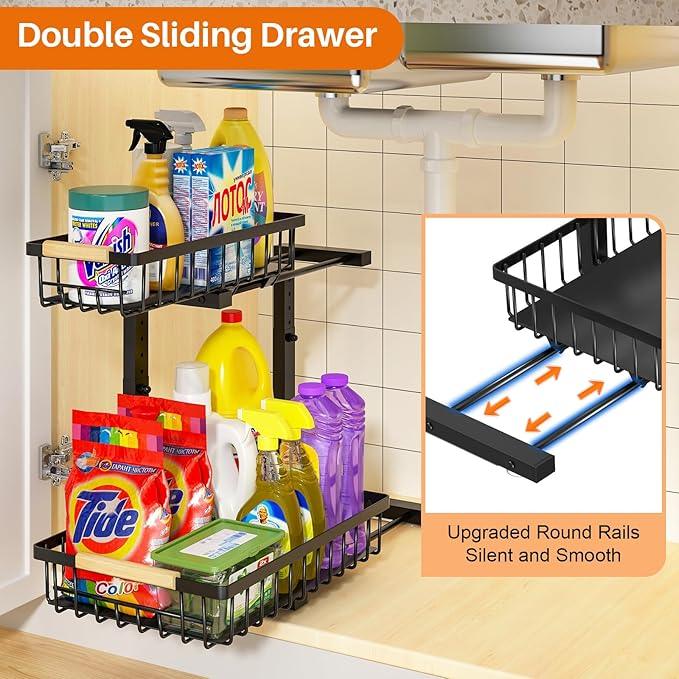 REALINN Under Sink Organizer, Height Adjustable Under Sink Organizers and Storage, 2 Tier Pull Out Drawer Cabinet Storage for Kitchen Bathroom, 1 Pack - NeatNest