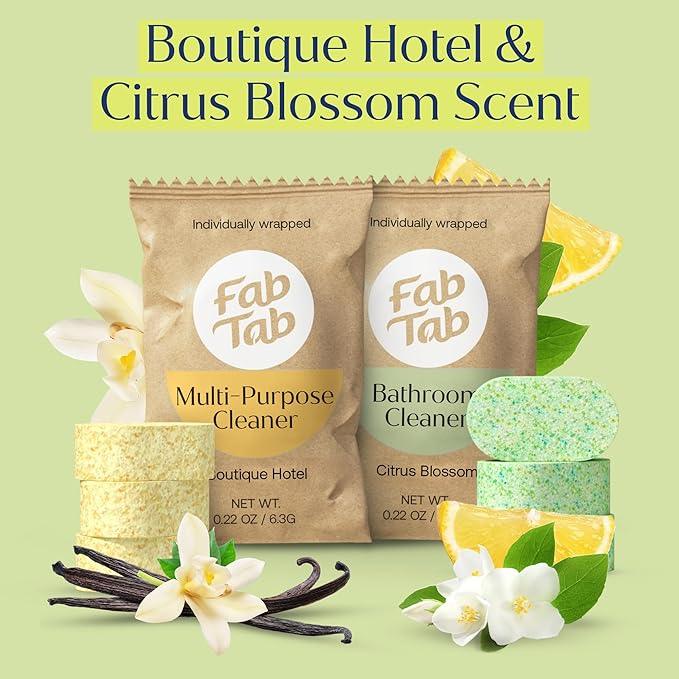 Fab Tab Tablet Cleaner, Multi-Purpose & Bathrom Cleaner for Eco-Concious Cleaning, Non Harmful & Chemical-Free Formula, Convenient Refills with 2 Glass Bottles, Luxury Hotel Scent (6 Refill Tablets) - NeatNest