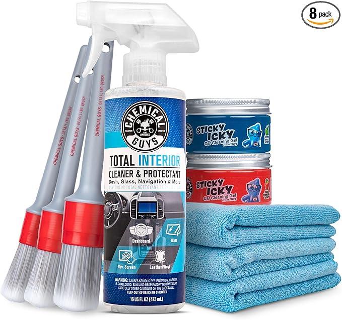 Chemical Guys Car Cleaning Kit Interior 8-Piece - Total Interior Cleaner, Sticky Icky Green Apple & Strawberry Detailing Gel, 3 Detailing Brushes, 3 Towels, Safe for Cars, Trucks, SUVs & More - NeatNest