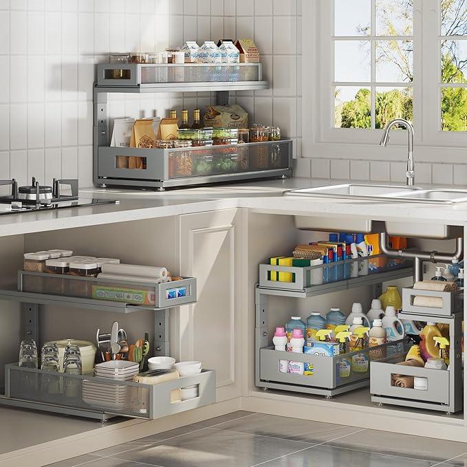 2 Pack 21.3IN-Depth Under Sink Organizer with Next-Gen Ball-Bearing Slides,2-Tier Pull Out Cabinet Storage,Height Adjustable Drawer Shelf for Bathroom,Kitchen,Laundry,Cabinet,Pantry-Gun Gray - NeatNest