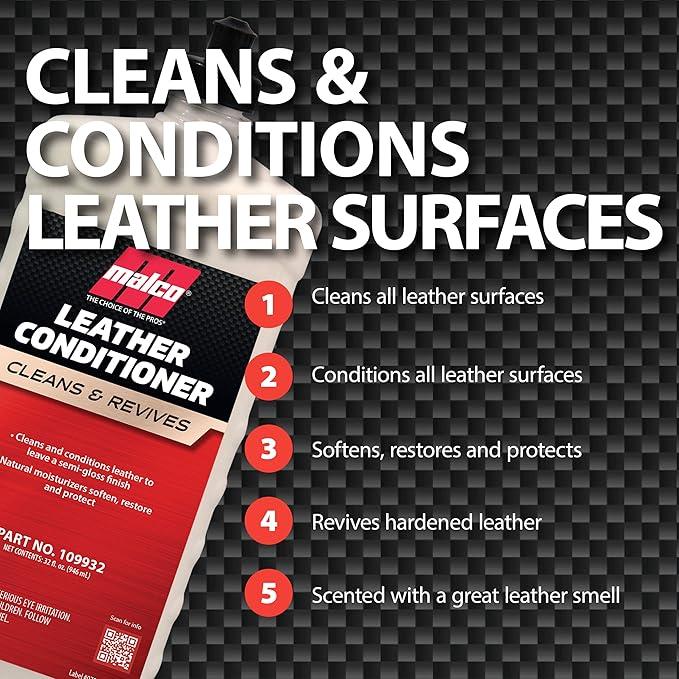 Malco Leather Conditioner for Cars - Cleans and Conditions Automotive Seats & Surfaces/Natural Moisturizers Soften, Restore and Protect Leather Interiors / 32 Oz (109932) - NeatNest