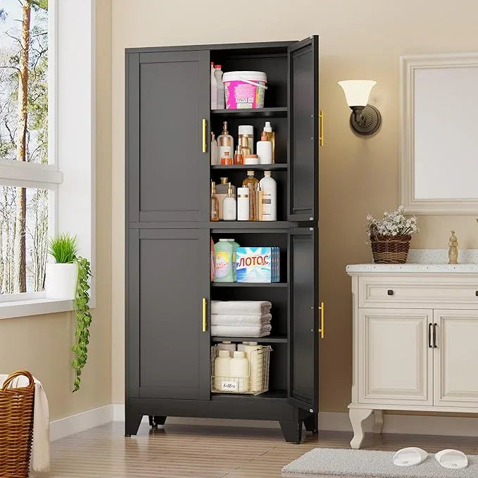 75" H Tall Kitchen Pantry Cabinet, Pantry Storage with Doors and 3 Adjustable Shelves, Metal Storage, Cupboard for Kitchen, Black - NeatNest