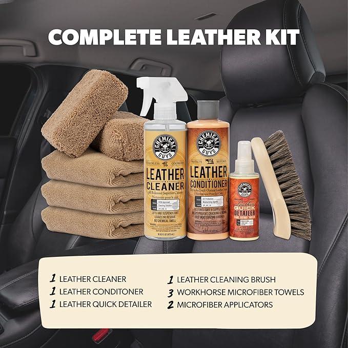 Chemical Guys Leather Cleaner and Conditioner Detailing Kit - Leather Care Kit For Natural, Synthetic, Faux, Pleather, and More for Car Interiors, Apparel, Furniture, Boots & Accessories - 9 Items - NeatNest