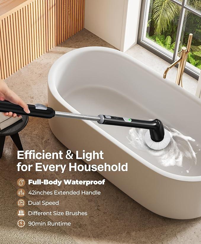 LyriFine Electric Spin Scrubber, New Full-Body IPX7 Waterproof Bathroom Cleaner Brush, Shower Scrubber with Long Handle & 2 Speed, Heads Replacement, Cleaning Supplies for Tub Shower Tile Floor - NeatNest