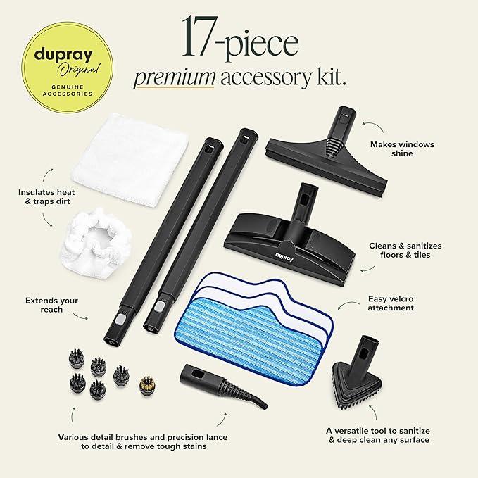 Dupray Neat Plus Steam Cleaner with 17-Piece Accessory Kit. A powerful multi-purpose steamer designed for deep cleaning floors, upholstery, grout, and more. *Kills 99.9% of Bacteria & Viruses - NeatNest