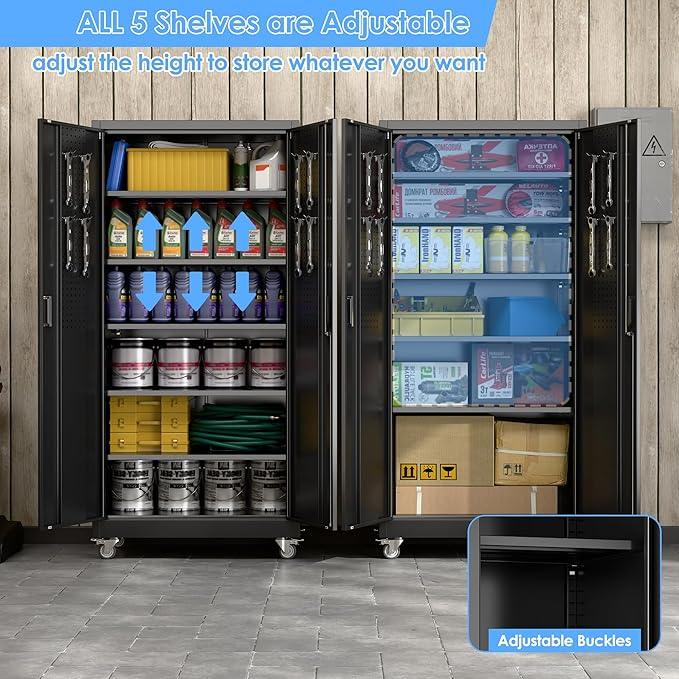 SUXXAN Metal Garage Storage Cabinet with Wheels and Pegboard, 71'' x 34'' x 18'' Lockable Rolling Steel Cabinet with 5 Adjustable Shelves and Door for Garage, Office, Kitchen, Assembly Required - NeatNest