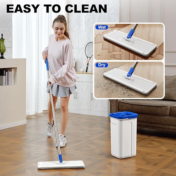 Mop and Bucket Set with Wringer, Squeeze Wall Mop Cleaner with Long Handle, Flat Mop and Bucket System, Dry & Wet Dust Mops for Household Floor Cleaning with 3 Microfiber Mops, Slate Blue - NeatNest