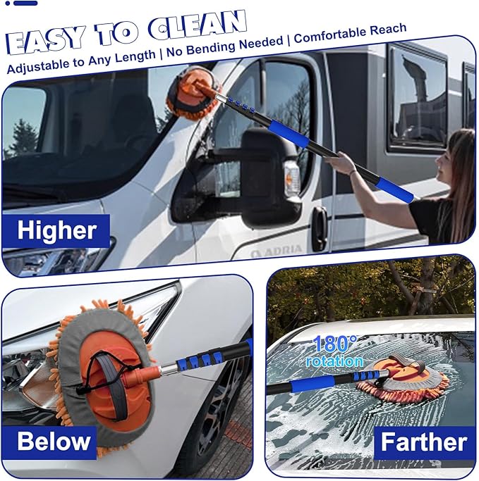 SKGPOLE 26Ft Reach Car Wash Kit with 5-20FT Telescopic Extension Pole, Car Wash Brush with Long Handle, Wheel Tire Brush, Car Wash Mop, Mitt, Squeegee for Cleaning Car, SUV, RV, Boats, Solar Panels
