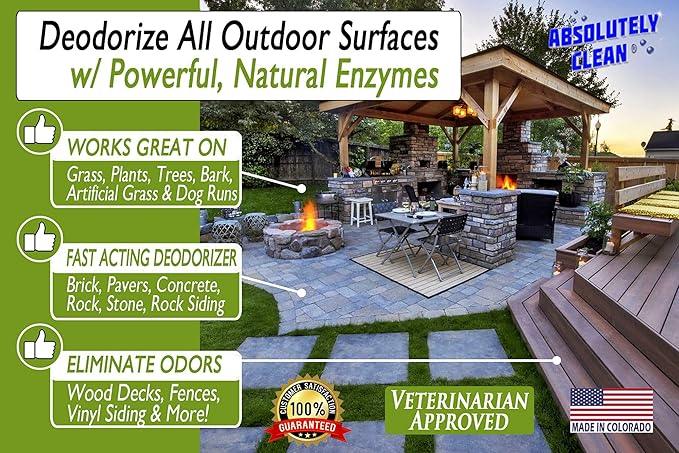 Amazing Outdoor Deodorizer odor eliminator Natural Enzyme Just Spray & Walk Away Grass, AstroTurf, Dog Runs, Patios, Decks, Fences & More Vet Approved - 128oz odor eliminator for strong odor - NeatNest