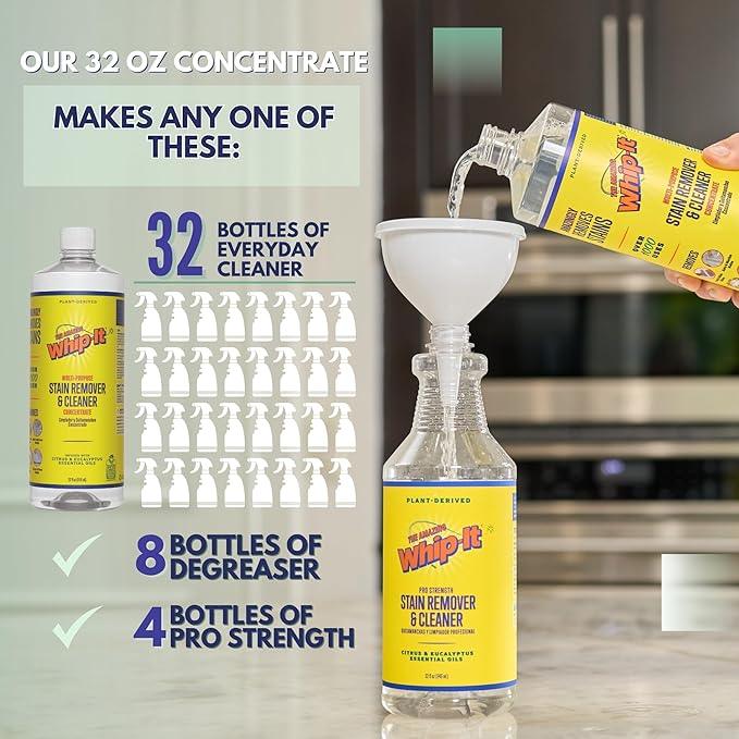 Whip-It Stain Remover and Concentrate Kit, 2-32oz Concentrates & 1-32 OZ Pro Spray Stain Remover, Makes 64 Bottles, Removes Coffee, Wine, Baby Stains, Pet Stains, Plant Based, Enzyme Cleaner, 500 Uses - NeatNest