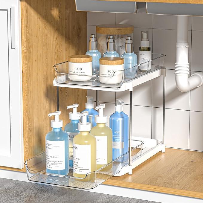 Delamu 2-Tier Multi-Purpose Bathroom Under Sink Organizers and Storage, Stackable Kitchen Pantry Organization, Pull Out Medicine Cabinet Organizer with Movable Dividers, White, 1 Pack - NeatNest