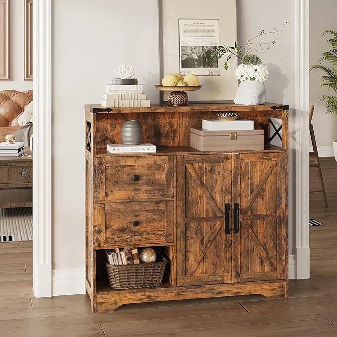 Fameill Farmhouse Storage Cabinet with Drawers and Open Storage,Freestanding Kitchen Pantry with 2 Barn Doors, Floor Cabinet with Adjustable Shelf for Living Room,Brown - NeatNest