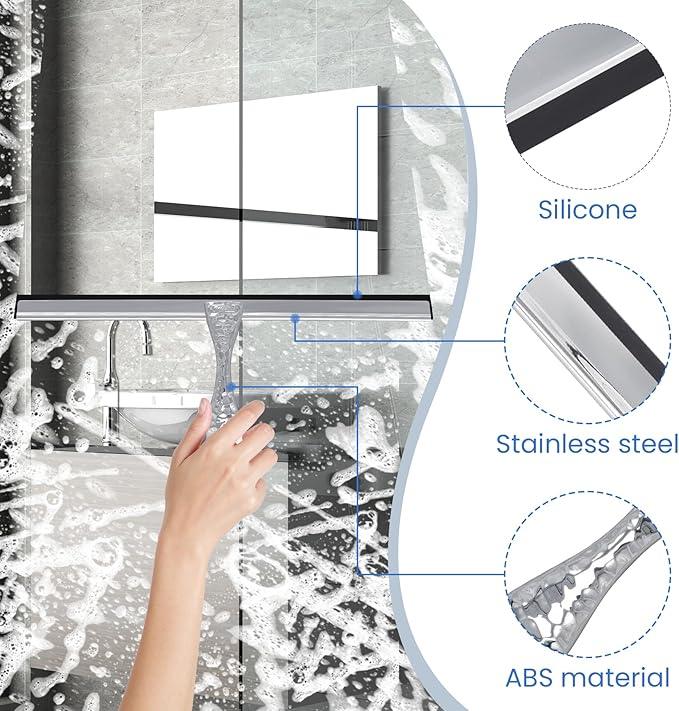 All-Purpose Silicone Shower Squeegee for Shower Glass Door,with 1 Hooks,for Bathroom Glass, Car, Tile Wall, Mirror Cleaning - Flower Shaped Handle for Easy-Grip 14 Inch Silver - NeatNest