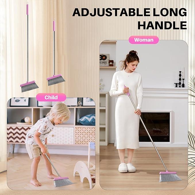 JOYMOOP Pink Broom and Dustpan Set, Upright Angle with Built-in Comb Teeth for Kitchen, Lobby, Pet Hair and Hard Floors - NeatNest