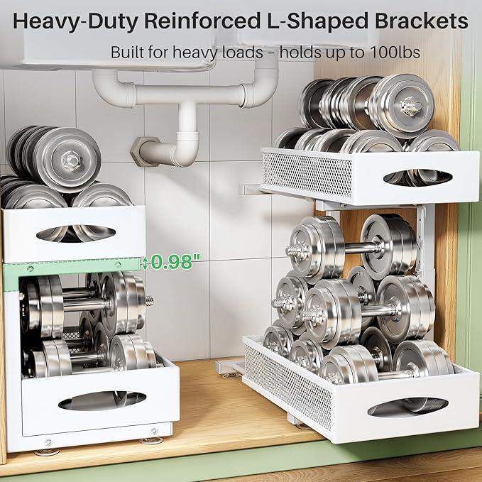 Under Sink Organizer, 2 Tier Pull out Cabinet Organizer Baskets with Mesh Sliding Drawers, Slide out Storage Shelf for Home, Kitchen, Bathroom, Pantry, Office Cabinet(1 Pack, White) - NeatNest