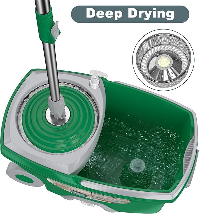 Dual Compartment Spin Mop and Bucket, Mop and Bucket with Wringer Set,360°Rotating Spinning Mopping for Floor Cleaning with 6 Microfiber Replacement Heads, 61" Extended Handle, 2X Wheel - Deep Green - NeatNest