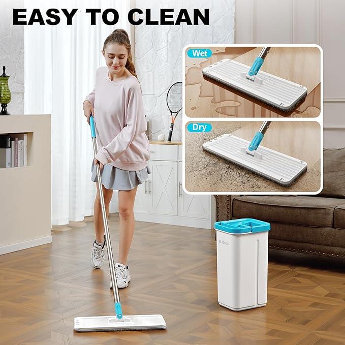 Mop and Bucket Set with Wringer, Dry & Wet Wall Mop Cleaner with Long Handle, Flat Squeeze Spin Dust Mop for Household Floor Cleaning with 4 Microfiber Mops, Turquoise-Cyan - NeatNest