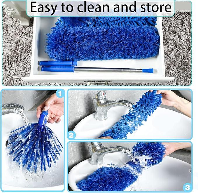 Duster, Microfiber Dusters with 2 Handle Sets, Durable 15-98.1 Inches Long Telescopic Rod, Washable, Feather Dusters for Cleaning Cobweb and Ceilings Fans, 5 Pack (Blue) - NeatNest