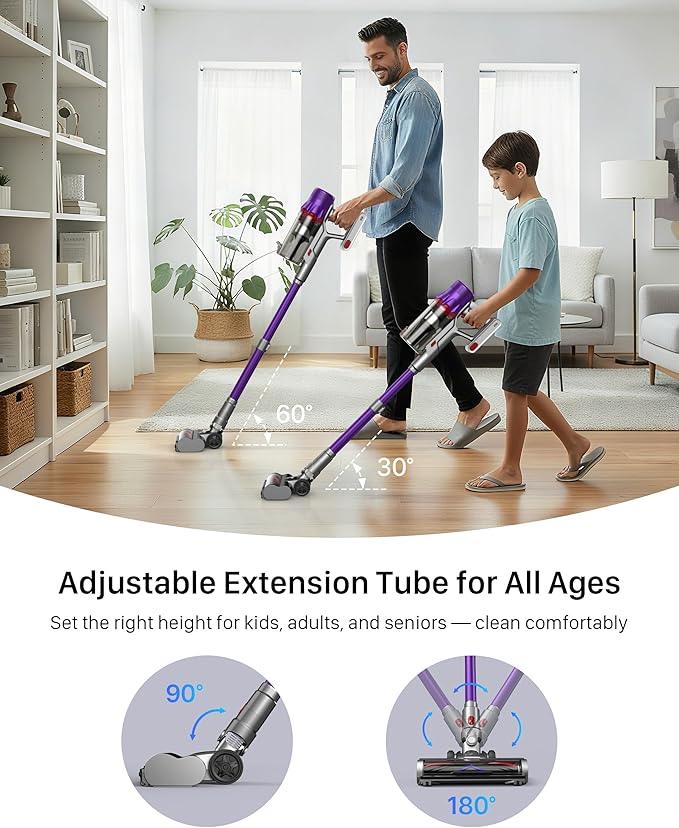 Cordless Vacuum Cleaner - Powerful Stick Vacuum with HEPA Filter, 55-Min Runtime, LED Light, Anti-Tangle Brush, Detachable Battery, Lightweight for Home, Pet Hair, Carpets & Hard Floors - NeatNest