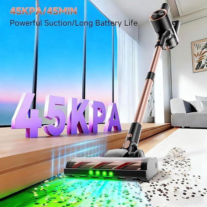Cordless Stick Vacuum Cleaner - 45KPA Powerful Suction Vacuum with 45 Min Runtime, Detachable Battery, Anti-Tangle & 1.5L Dust Cup, 8 in 1 Vacuum Cleaner for Pet Hair, Carpet, HardFloor, Pink - NeatNest