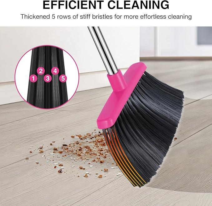 NACENA Broom and Dustpan Set, 52-in Long Adjustable Handle Broom Dustpan Combo with Dustpan Teeth to Automatically Clean Hair Suitable for Home Kitchen Office Hall Floor (Grey&Rose), 4 Pack - NeatNest