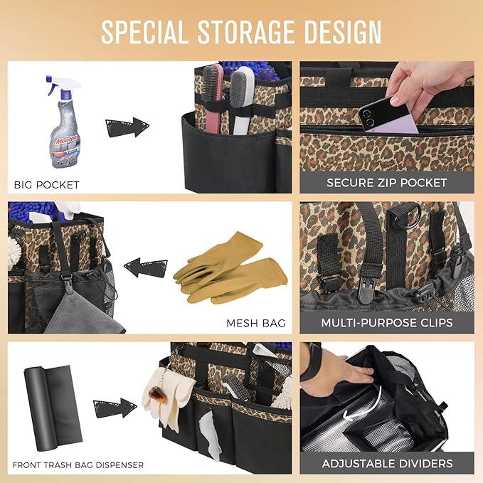 Wearable Cleaning Caddy, Cleaning Caddy Supplies Organizer with Handle & Shoulder Straps for Housekeepers, Under Sink & Car Cleaning Tool Organizers Bag with 4 Foldable Divider (Leopard) - NeatNest