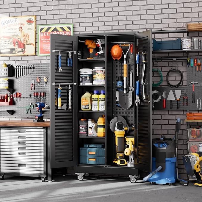 SUXXAN Broom Closet with Wheels 71"x 31.5"x15.75", Metal Cleaning Cabinets with Louvered Doors Hooks and Hanging Rods, Lockable Cabinet with Pegboard, Adjustable Shelf,for Garage, Laundry Room - NeatNest