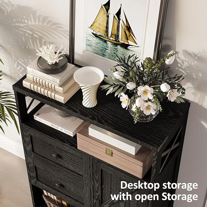 Fameill Farmhouse Storage Cabinet with 2 Drawers & Shelves,Freestanding Kitchen Cabinet with Doors,Floor Storage Organization for Living Room,Bathroom,Laundry,Black - NeatNest